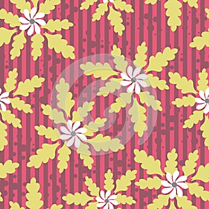 White flower with light brown leaves on a linear background with dark pink dots